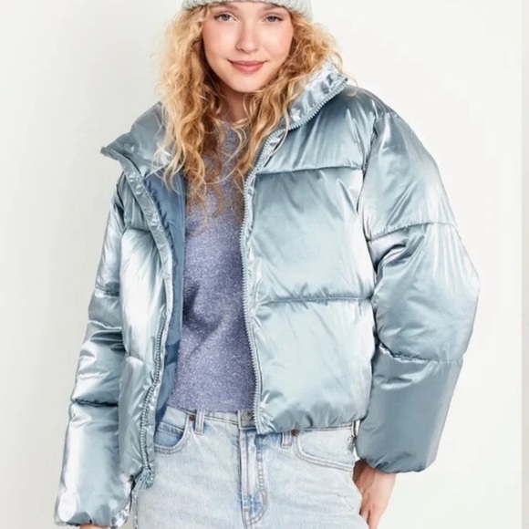 OLD NAVY Water-Resistant Shiny Puffer Jacket Color Dusty Blue Women’s XXL NEW - Picture 1 of 10